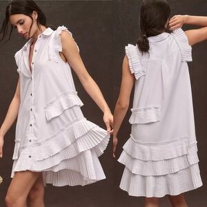 By Anthropologie Button-Front Pleated Mini Shirt Dress White Sz Large Preppy